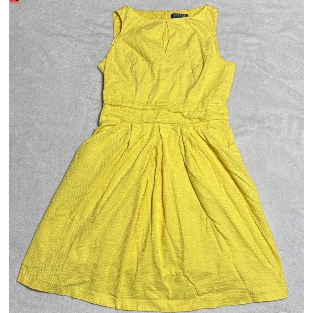 Lauren Ralph Lauren Dress Womens 10 Yellow Key Hole Sleeveless Zip Back Pockets - Picture 1 of 11